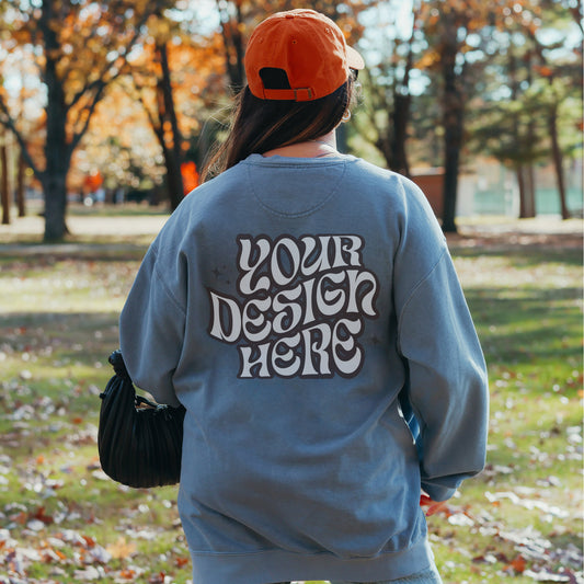 CC1566 Blue Jean Mockup Comfort Colors Sweatshirt Mockup Blue Jean Mockup Trendy Outdoor Lifestyle Mockup VSCO Aesthetic Words on back mock