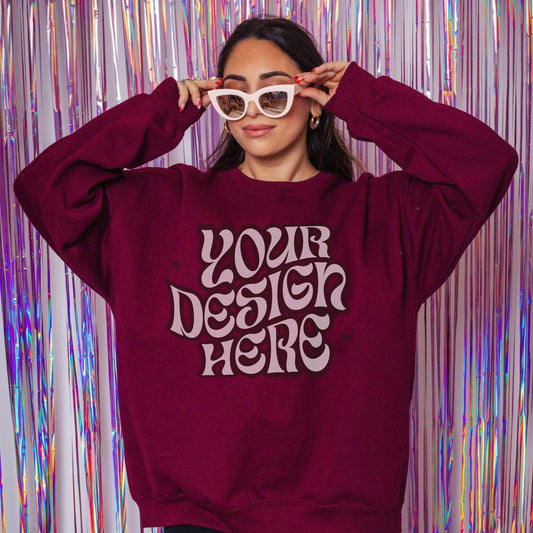 Gildan 18000 Maroon Mockup, VDay Mockup, Girly Mockup, Disco Aesthetic Mockup, Bachelorette Mockup Coquette aesthetic mockup Retro mockup
