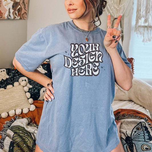 Comfort Colors C1717 Blue Jean Mockup Tshirt dress Mockup Model Mockup Boho Mockup Hippie mockup Retro Mockup Aesthetic mockup vsco mockup