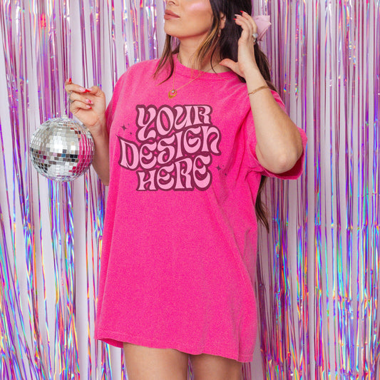 Comfort Colors C1717 Crunchberry Mockup Oversized tee Mockup Bachelorette Mockup Soft girl aesthetic Coquette vibes Vday mockup disco mockup