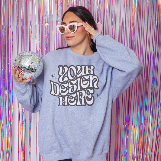 Gildan 18000 Sports Grey Mockup, Disco Aesthetic Mockup, Girly Mockup, Coquette aesthetic mockup, Bachelorette Mockup, Feminine Mockup