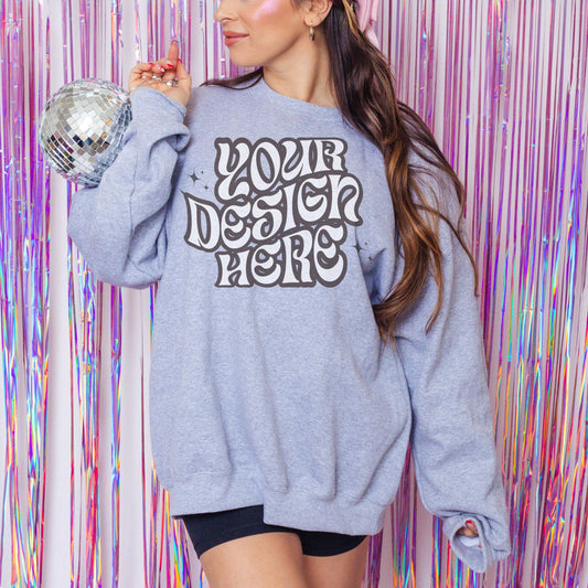 Gildan 18000 Sports Grey Mockup, Disco Aesthetic Mockup, Girly Mockup, Coquette aesthetic mockup, Bachelorette Mockup, Feminine Mockup